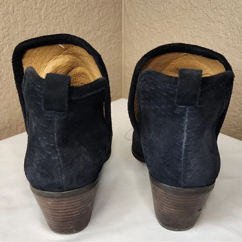 Lucky Brand- Loria Black Suede Leather Upper Heeled Booties Perforated, Size 8.5